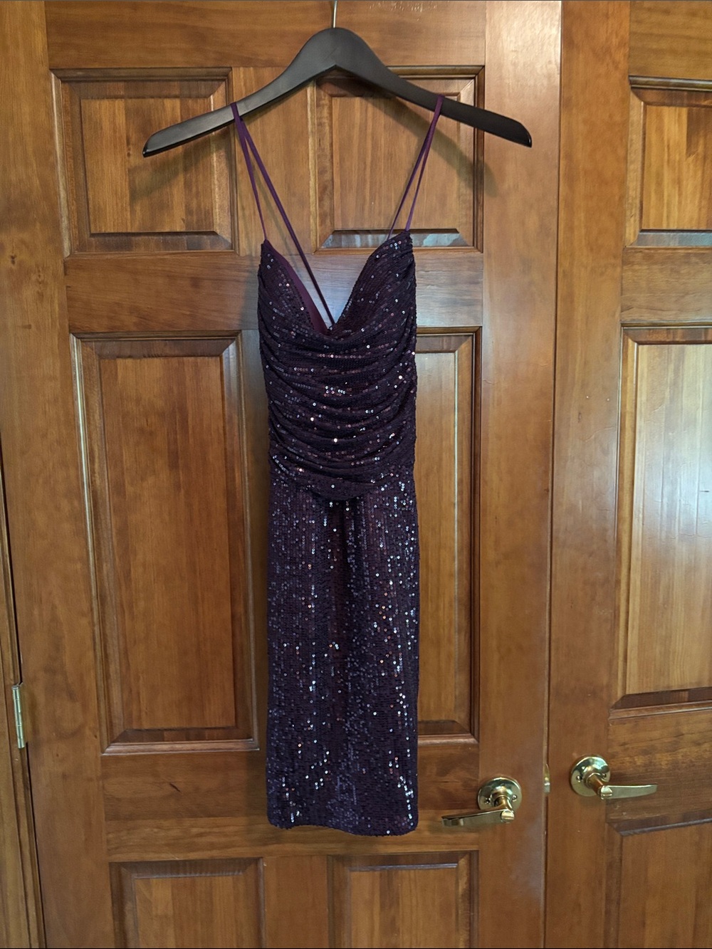 Purple Sequin Cowl Neck Midi Dress with Double Spaghetti Straps